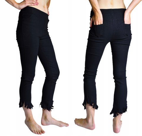 Czarne spodnie jeansowe jegginsy legginsy damskie 3/4 M/L frędzlami bawełna