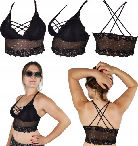 Czarny TOP KORONKOWY bralet CROP na imprezę z wkładkami 65-75 cm A-C