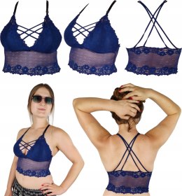 Granatowy TOP KORONKOWY bralet CROP na imprezę z wkładkami 65-75 cm A-C